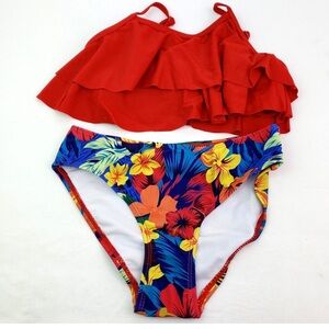 SHEKINI Girls Floral Ruffle Flounce Two Piece Swimsuits Sz 10/12 NEW